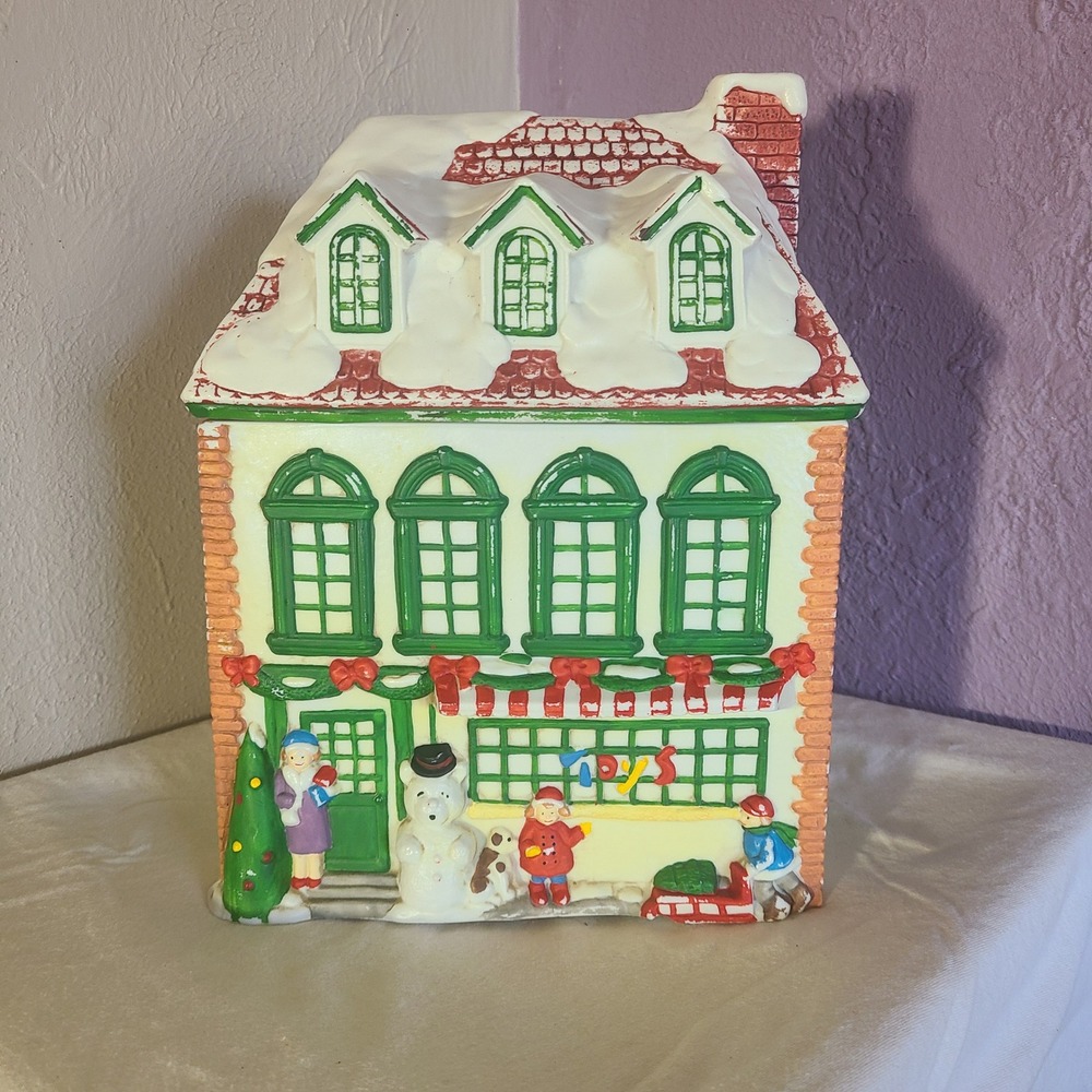 Winter Garland Christmas Town Cookie Jar Holiday Village Vintage Collectible 10"